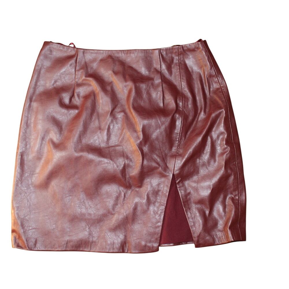 NWT DO+BE Faux Leather Mini Skirt Burgundy Front Slit Lined Zip Back Women’s L